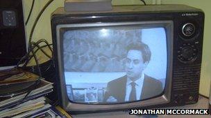 Ed Miliband on black and white TV.