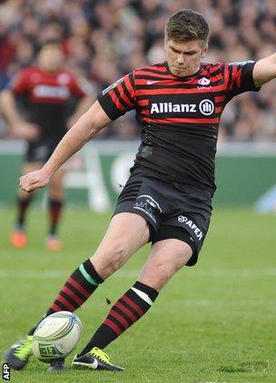 Owen Farrell lands a kick for Saracens in the win over Racing Nantes