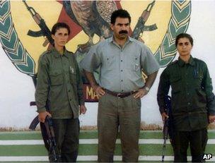 Sakine Cansiz (left) with Abdullah Ocalan and another unidentified militant in Lebanon, early 1990s