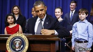 President Barack Obama signs executive orders on gun violence flanked by children who wrote him letters 16 January 2013