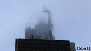 The damaged crane on The Tower, One St George Wharf in Vauxhall