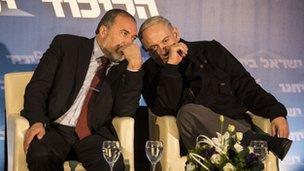 Avigdor Lieberman and Benjamin Netanyahu at an election rally - 16 Jan 2013