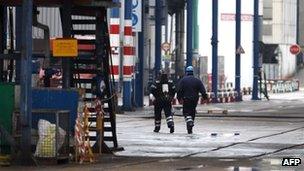 Emergency workers at the Lubrizol factory in Rouen, from where foul smelling industrial gas has leaked