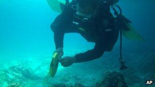 A Philippines coast guard diver inspects damage to coral on the reef (22 Jan 2013)