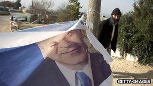 Flag with printed image of Benjamin Netanyahu