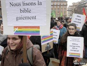 Gay marriage supporters at a march in Strasbourg, eastern France, 19 January