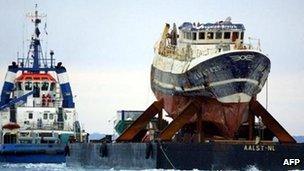 File photo of the wrecked Bugaled Breizh in January 2004. Pic: AFP