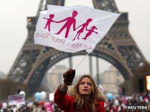 A woman demonstrates in France against gay marriage, 13 Jan 2013