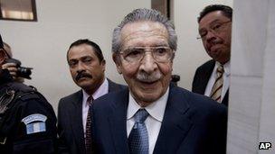 Gen Efrain Rios Montt arrives at the pre-trial hearing on 24 February 2013