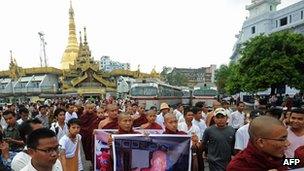 Monks protesting in Burma against a Chinese-backed copper mine in the north of the country (December 2012)