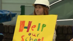 A young protester at Groeslon primary school