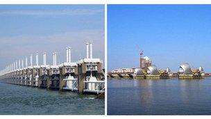 The Dutch Oosterscheldekering (left) and the Thames Barrier (right)