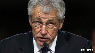 US Senator Chuck Hagel testifies during a Senate Armed Services Committee in Washington, 31 January 2013