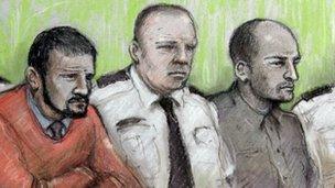 An artist's sketch of Jason Richards (l) and Ben Hope [r] in court, with a prison officer in between