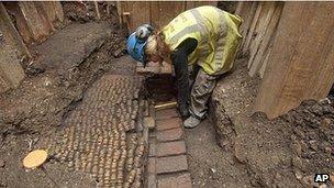 Excavation work at the site of The Curtain Theatre in London