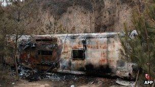 Burnt-out bus in Ningxian, Gansu province, on 2 February 2013