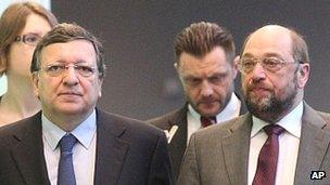 EU Commission President Jose Manuel Barroso (left) with European Parliament President Martin Schulz - file pic