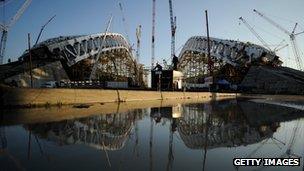 A view of the construction site of Fisht Olympic Stadium which will host the opening and closing ceremonies