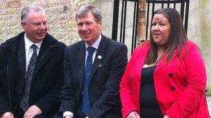 Kenny MacAskill (centre) met victims of crime, Harry Lindsay and Audrey McGuire