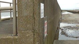 Crack in sea wall at Rossall