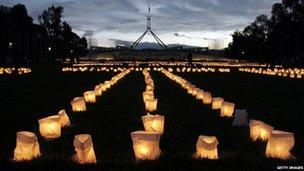 Candles laid out to read sorry glow outside of Parliament House on 11 February 2008 in Canberra, Australia