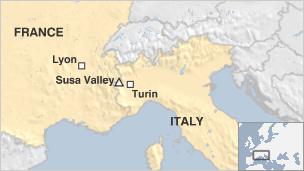 Map of France and Italy marking Turin, Lyon and the Susa Valley