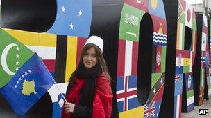 Flag-covered Newborn monument in Pristina on 17/5/13