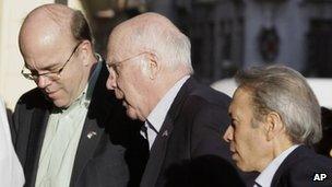 US Senator Patrick Leahy, centre, accompanied by US Congressman Jim McGovern, left, arrives at a hotel in Havana, Cuba 18 February 2013