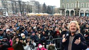 Beppe Grillo at rally in Bergamo, Italy