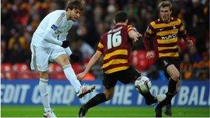 Michu of Swansea City score their second goal at Wembley