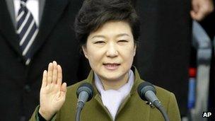 Park Geun-hye takes the oath of office in Seoul on 25 February 2013