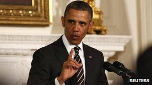 Barack Obama speaks to the National Governors Association in the State Dining Room of the White House in Washington 25 February 2013