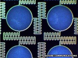 Microscope image of battery elements and serpentine connections