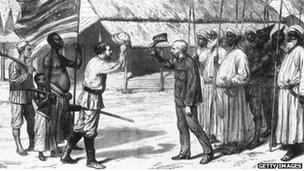 The meeting of Dr David Livingstone and Henry Stanley at Ujiji, Lake Tanganyika, Tanzania in October 1871