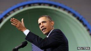 US President Obama speaks in Newport News, Virginia 26 February 2013