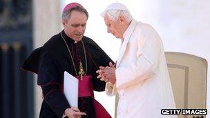 Pope Benedict XVI and his personal secretary Archbishop Georg Gaenswein at the Pope's final general audience in St. Peter's Square, Vatican City, 27 February 2013