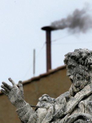 Black smoke billows from the chimney atop the Sistine Chapel at the Vatican, indicating that the cardinals gathered in the Conclave have not yet chosen a new pope, file pic from 19 April 2005