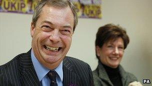 Nigel Farage at a press conference with UKIP's candidate Diane James