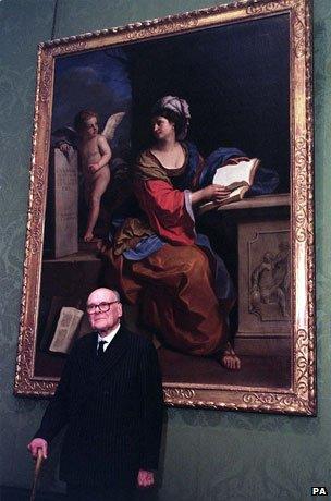 Sir Denis Mahon with the 1651 work at the National Gallery