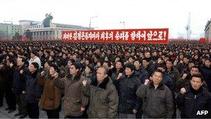 North Koreans at a public celebration event for the nuclear test, Pyongyang (14 Feb 2013)