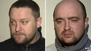 Yuri Zarutsky (left) and Andrei Lipatov, after their arrest and alleged confession for the acid attack on Bolshoi artistic director Sergei Filin