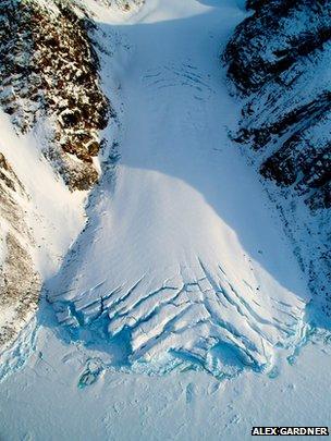 A small glacier exiting the Devon Island ice cap, Nunavat, Canada