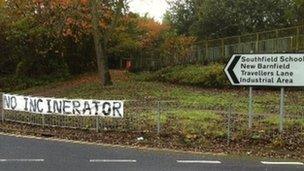 Sign near proposed incinerator site at New Barnfield