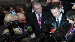 Mike Nesbitt, Nigel Lutton and Arlene Foster speak to journalists