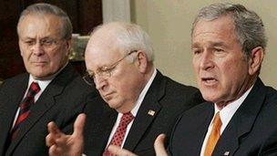 Donald Rumsfeld (L), Dick Cheney and George Bush (R)