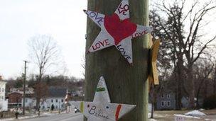 Stars on a lamppost commemorating the dead in Connecticut