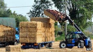 Stacking bales of hay in Cassel, northern France