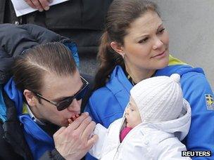 Crown Princess Victoria of Sweden with her husband Prince Daniel and their princess Estelle in 2013