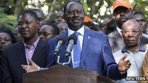 Kenya's Prime Minister Raila Odinga addresses a news conference after Uhuru Kenyatta was declared winner of presidential elections on 9 March 2013