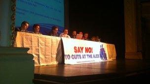 The panel at a meeting about proposed cuts to services at the Alexandra Hospital Redditch.